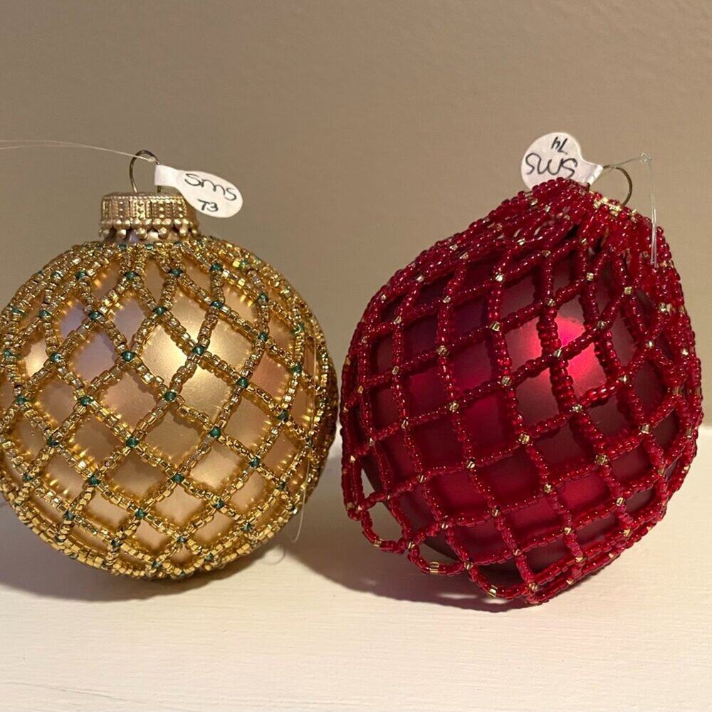 2 Beaded Christmas Ornaments - Gold, Red, Mesh Beaded, Holiday, Tree Decoration
